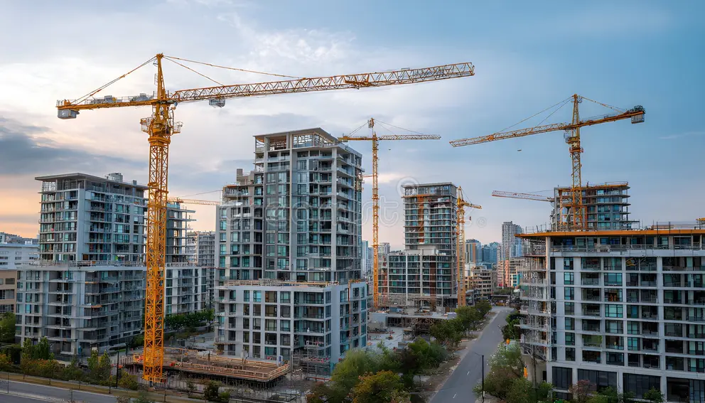 large construction site multiple high rise residential buildings under construction tower cranes throughout scene modern 411381714